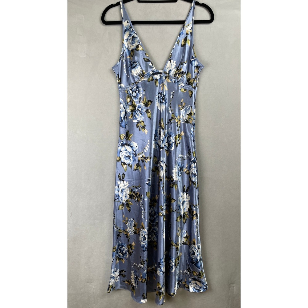 Jones New York Blue Floral‎ Romantic Satin Soft Girl Spring Dress Midi V-Neck M
